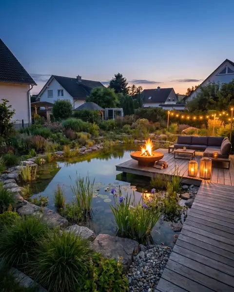The same design in the evening: illuminated fire bowl, string lights above the wooden deck and reflections in the pond