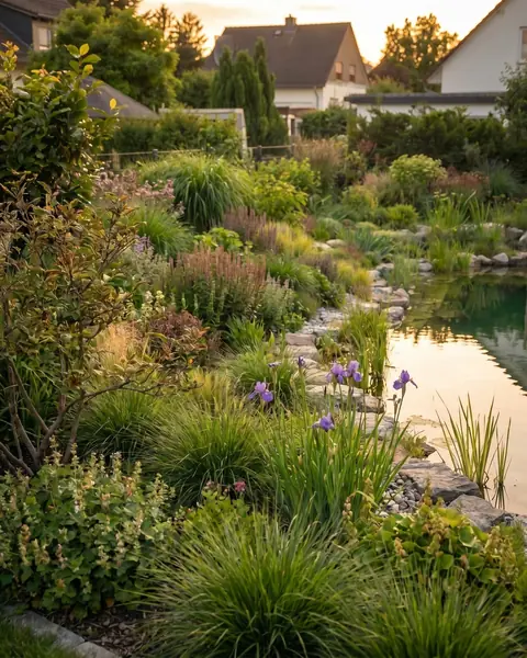 Planting detail of the same design: bank stones, grasses, irises and perennials along the pond edge