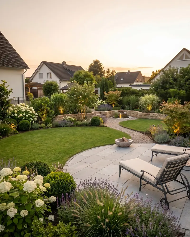 Design idea for the same garden: round lawn with light paving, fire pit and a calm perennial frame