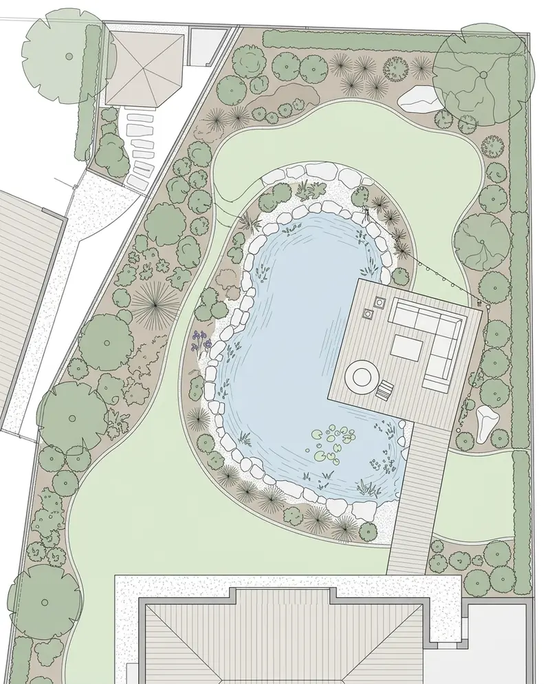 Garden plan from GardenPilot in top view: organically shaped swimming pond with a natural stone edge in the centre, wooden deck with lounge and fire bowl beside it, surrounding planting beds with individually drawn shrubs and lawn areas