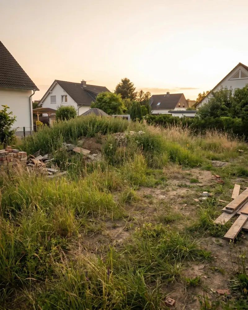 Starting photo: overgrown garden area with tall grass, rubble and boards between residential houses