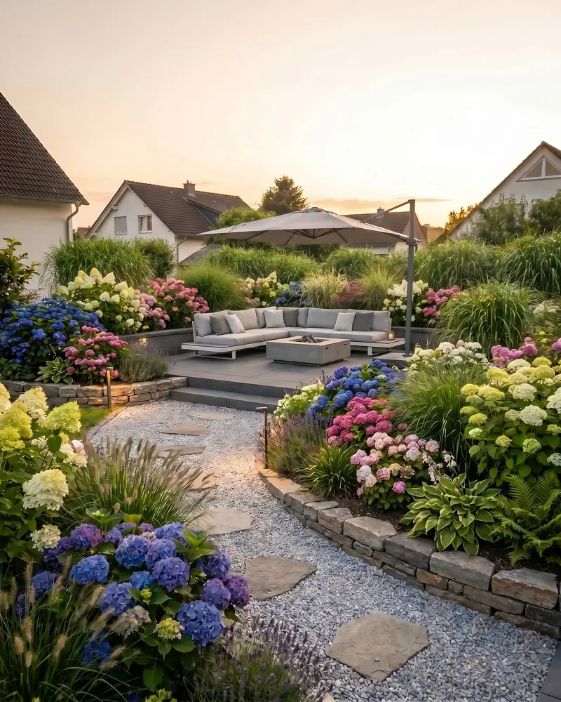 Design idea for the same garden: curved gravel path between lush hydrangeas and perennials, lounge with a parasol on a raised deck