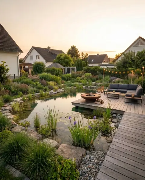 Derselbe Garten als Gestaltungsidee aus GardenPilot: naturnaher Schwimmteich mit Holzdeck, Feuerschale und Loungebereich