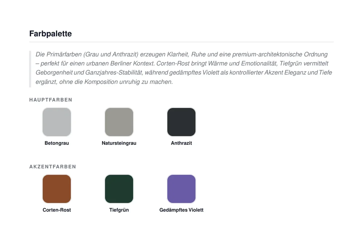 “Colour palette” page from a GardenPilot project folder with main and accent colours